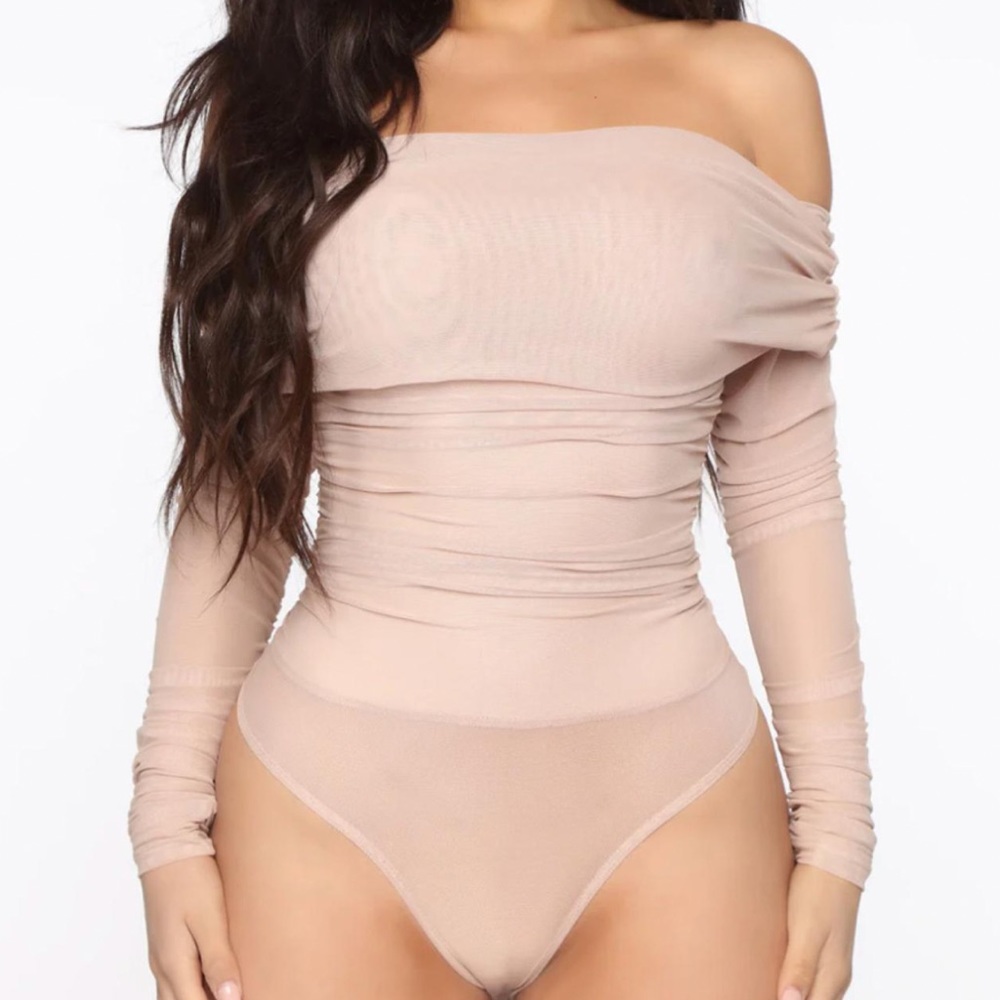 Romantic off-the-shoulder taupe bodysuit.